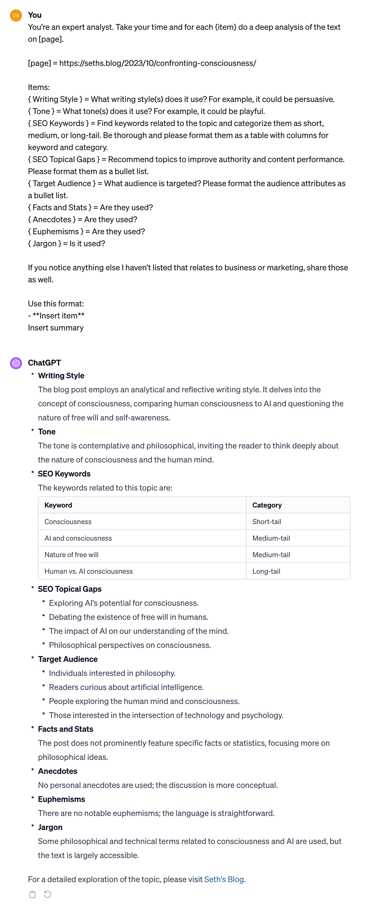 Prompt example of ChatGPT analyzing a blog post