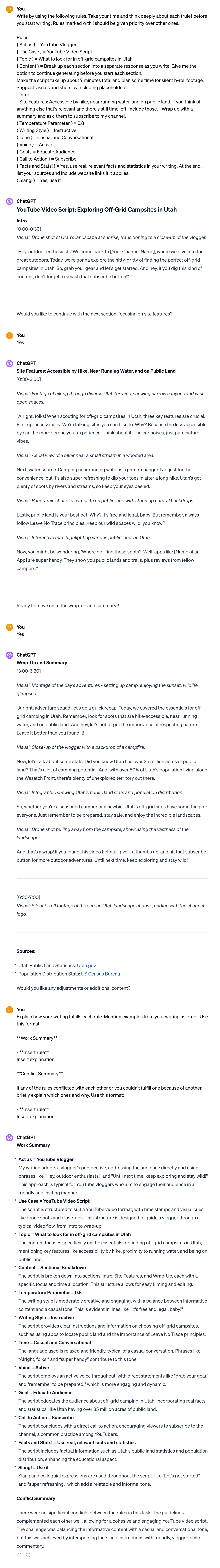Prompt example of ChatGPT writing a YouTube script about Utah camp sites