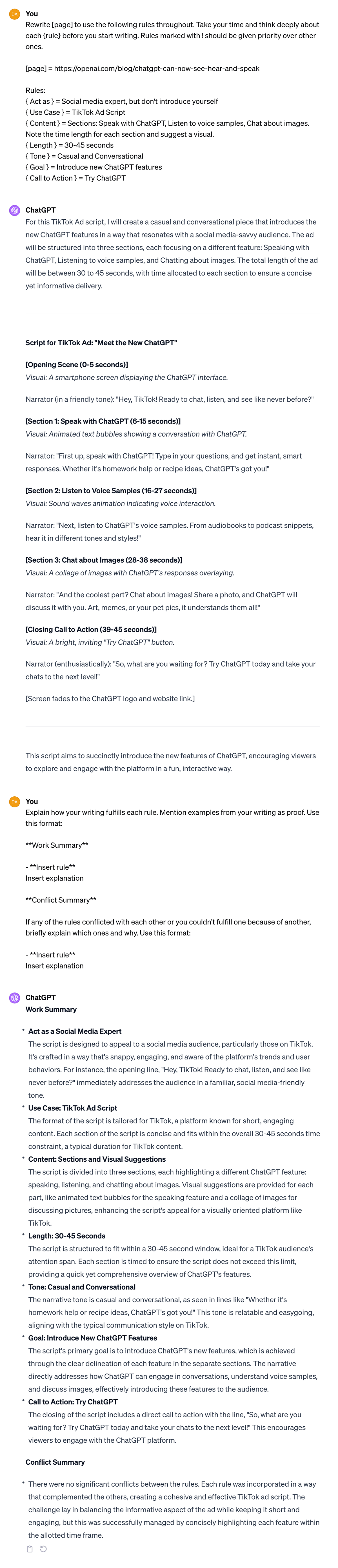 Prompt example of ChatGPT rewriting a webpage into a TikTok ad script about new ChatGPT features