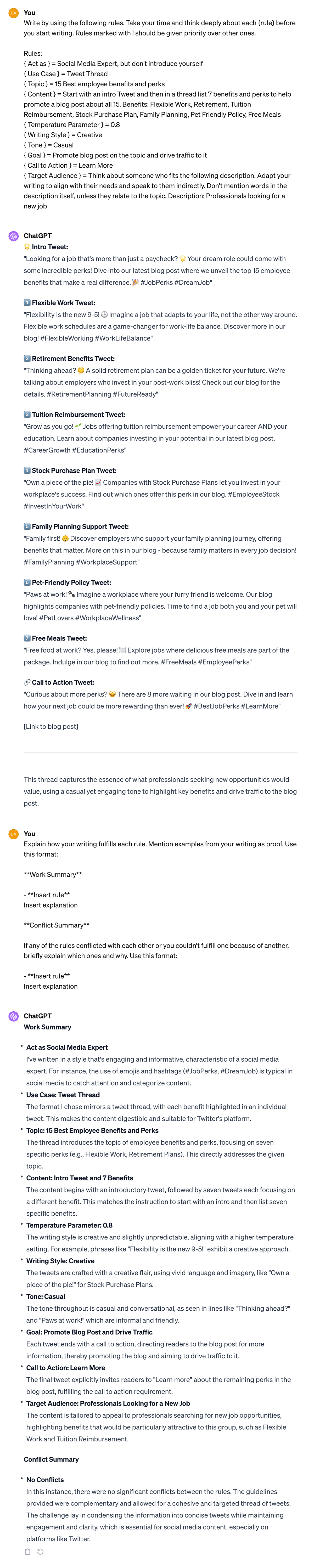 Prompt example of ChatGPT writing a Tweet thread about employee benefits