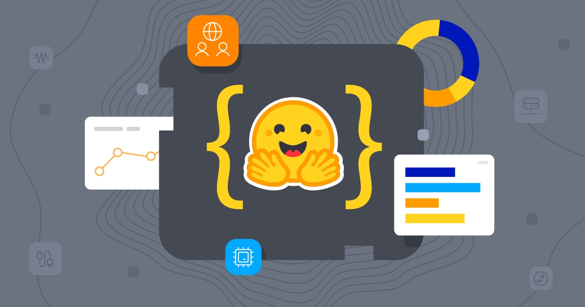 Hugging face emoji in an illustration surrounded by graphs and charts.