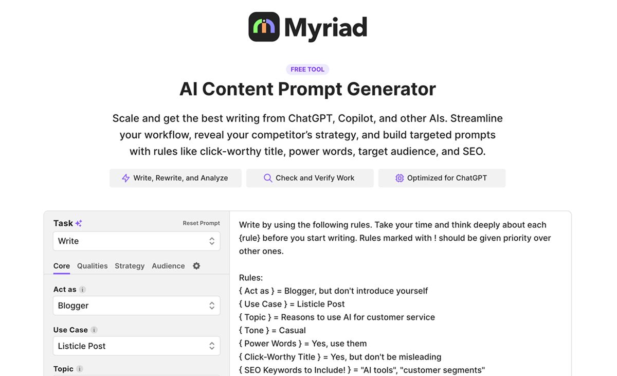 Myriad: AI Content Prompt Generator (Free Tool)